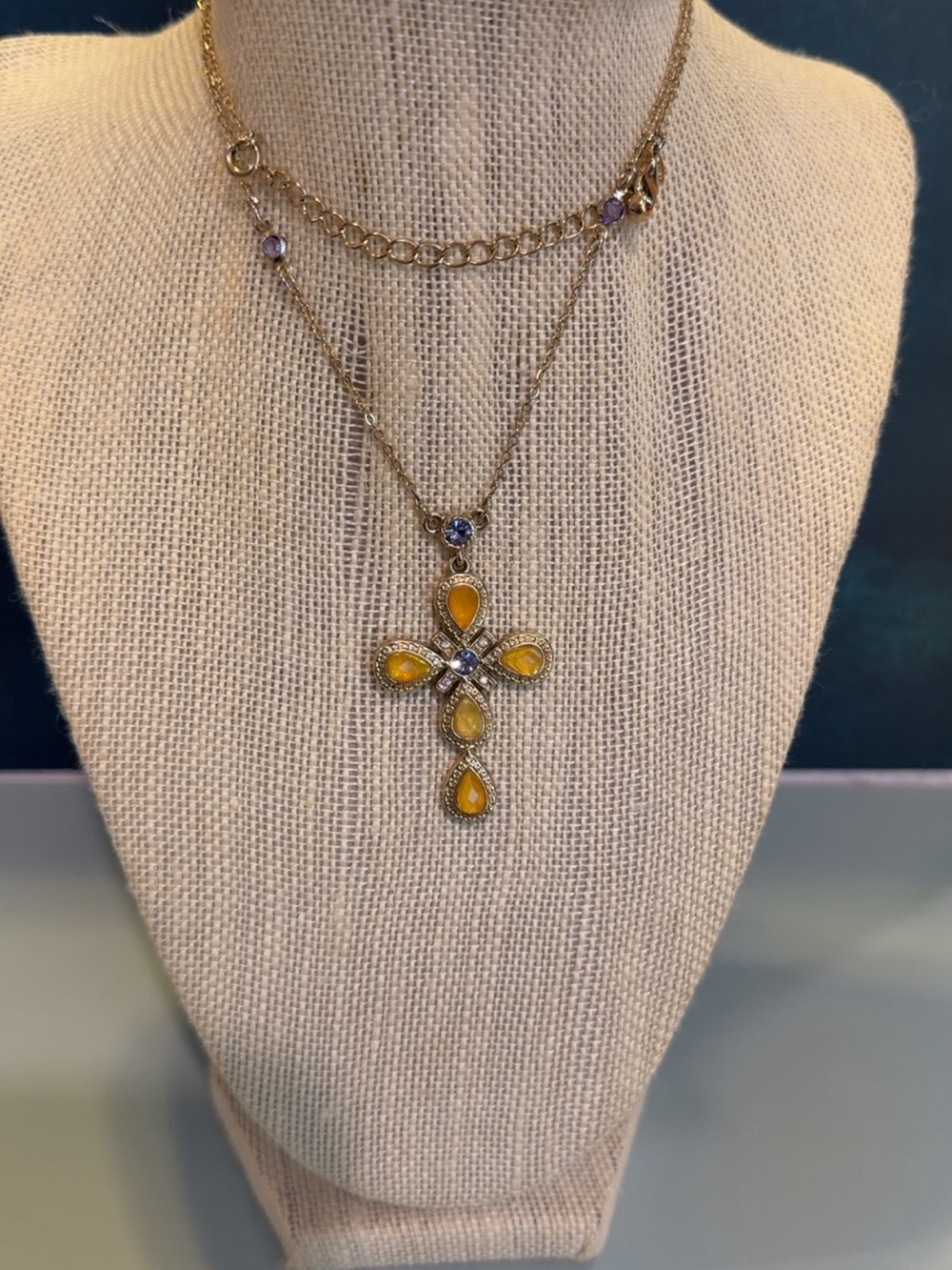 Vintage AVON cross pendant cross necklace purple and yellow NINA RICCI
